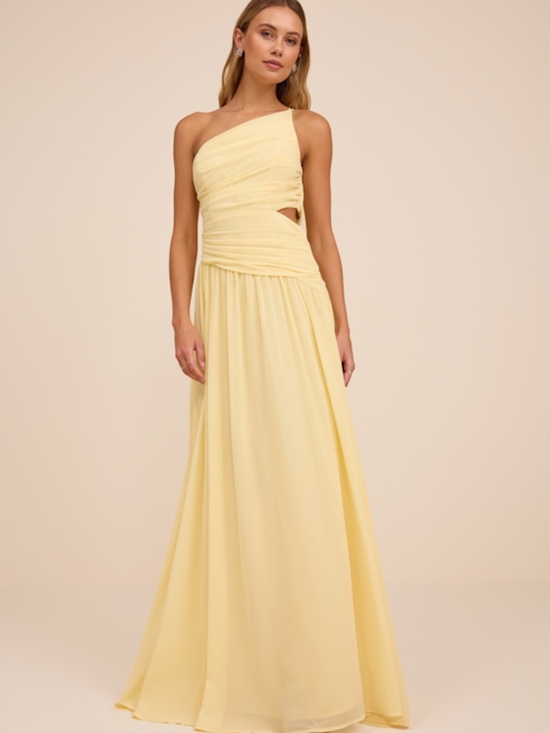 Lulus Dresses & Skirts - Lulus Marcela Pale Yellow Ruched One-shoulder Maxi Dress - Size M
